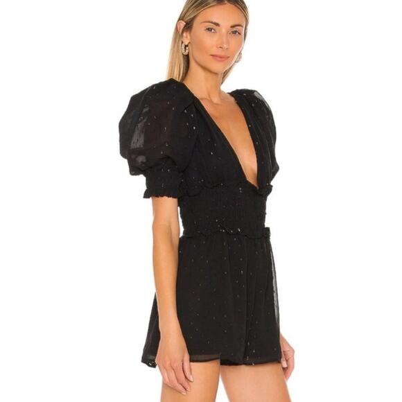 NBD Anya Black Chiffon Open Back Puff Sleeve Romper S - Picture 2 of 10